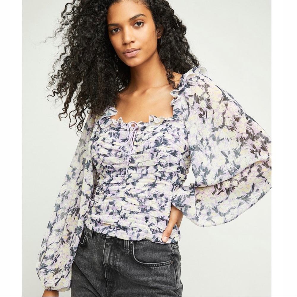 Free People Floral Square Neck Long Sleeve Top